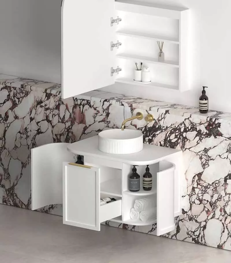 Hampshire 750mm Wall Hung Vanity - Satin White Open Door