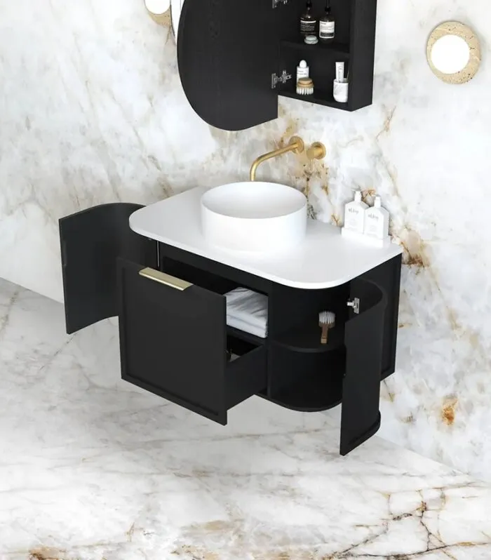 Hampshire 900mm Wall Hung Vanity – Satin Black Open Door