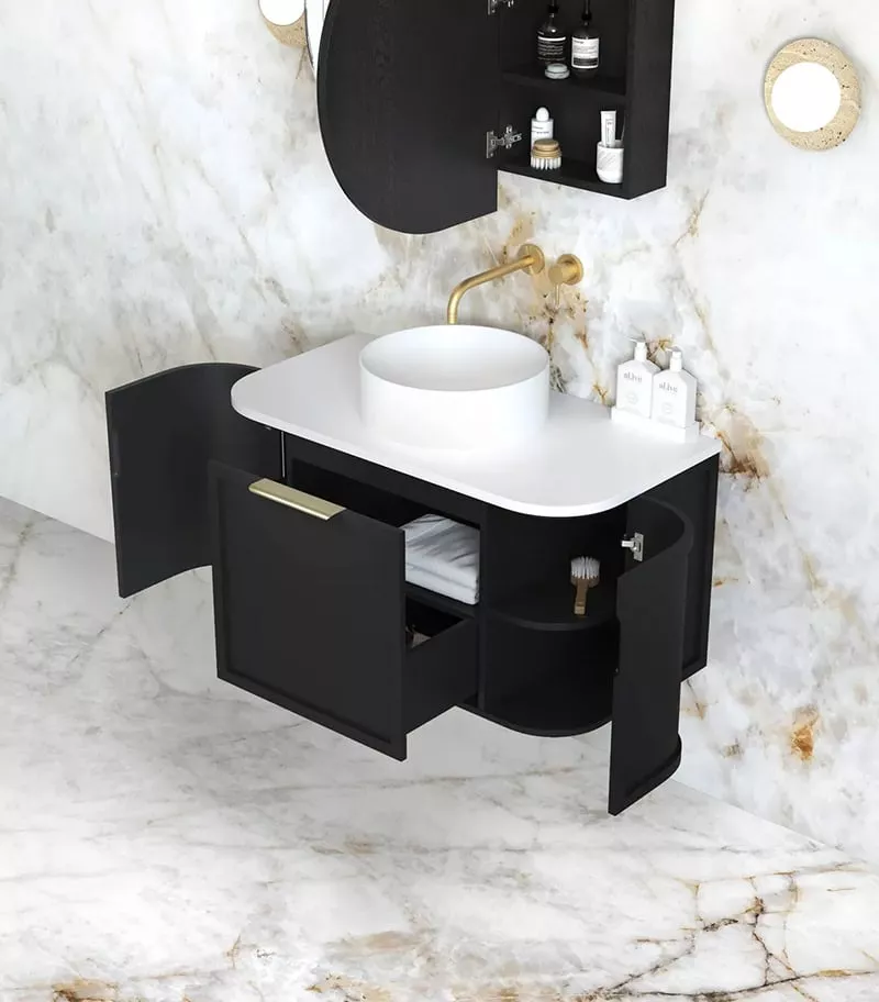 Hampshire 900mm Wall Hung Vanity – Satin Black Open Door