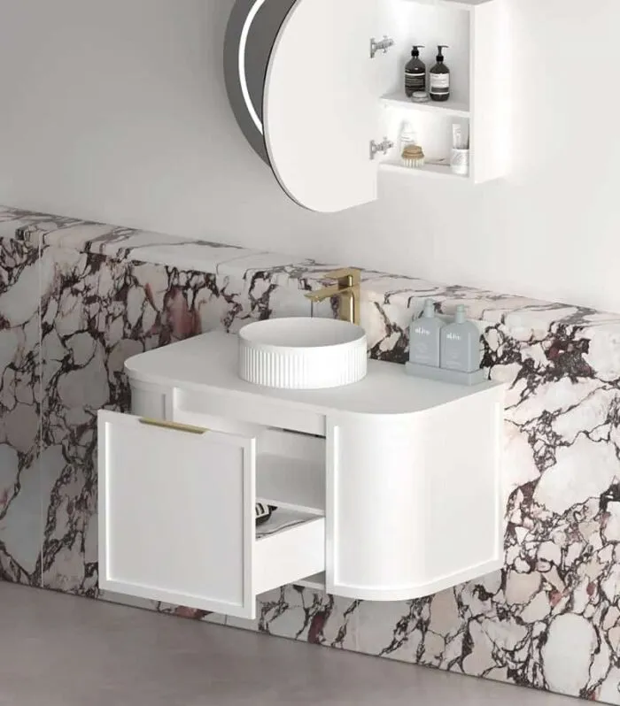 Hampshire 900mm Wall Hung Vanity - Satin White Open Door