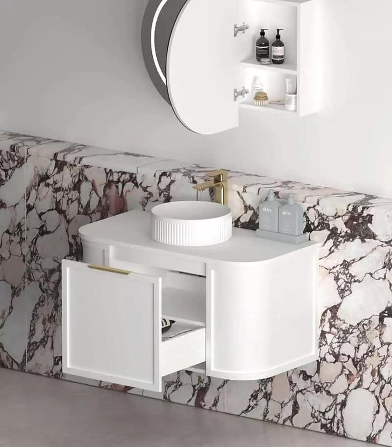 Hampshire 900mm Wall Hung Vanity - Satin White Open Door