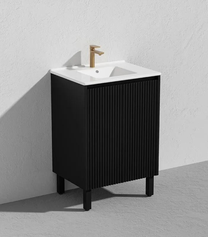 Brighton 600mm Freestanding Vanity - Matt Black With Ceramic Top Side View