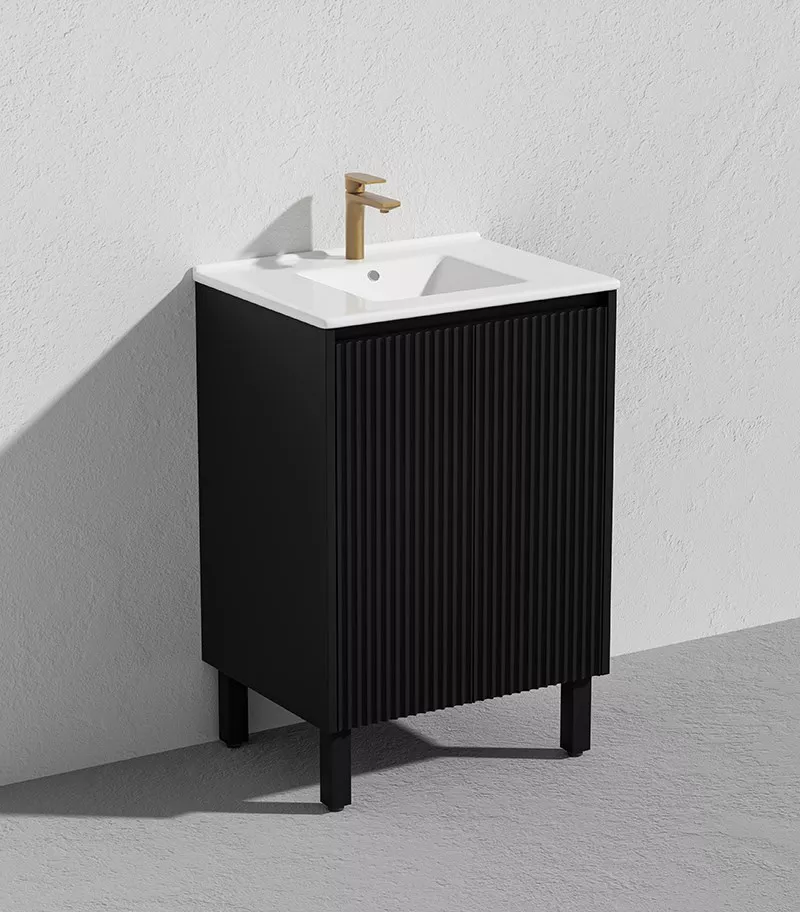 Brighton 600mm Freestanding Vanity - Matt Black With Ceramic Top Side View