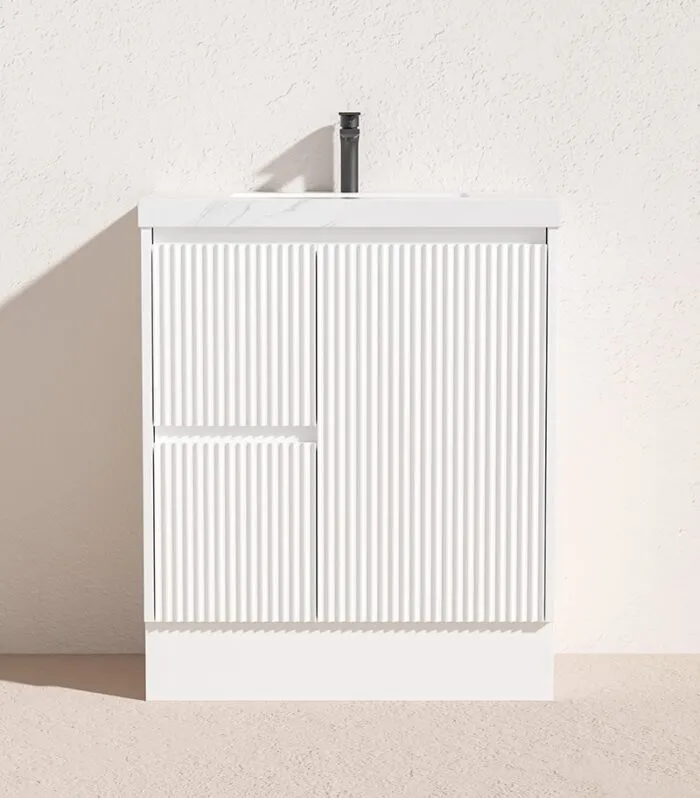 Brighton 750mm Freestanding Vanity - Matt White LH Drawers Sintered Stone Top
