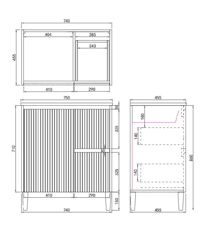 Brighton 750mm Freestanding Vanity - Matt White FH Drawers Specification