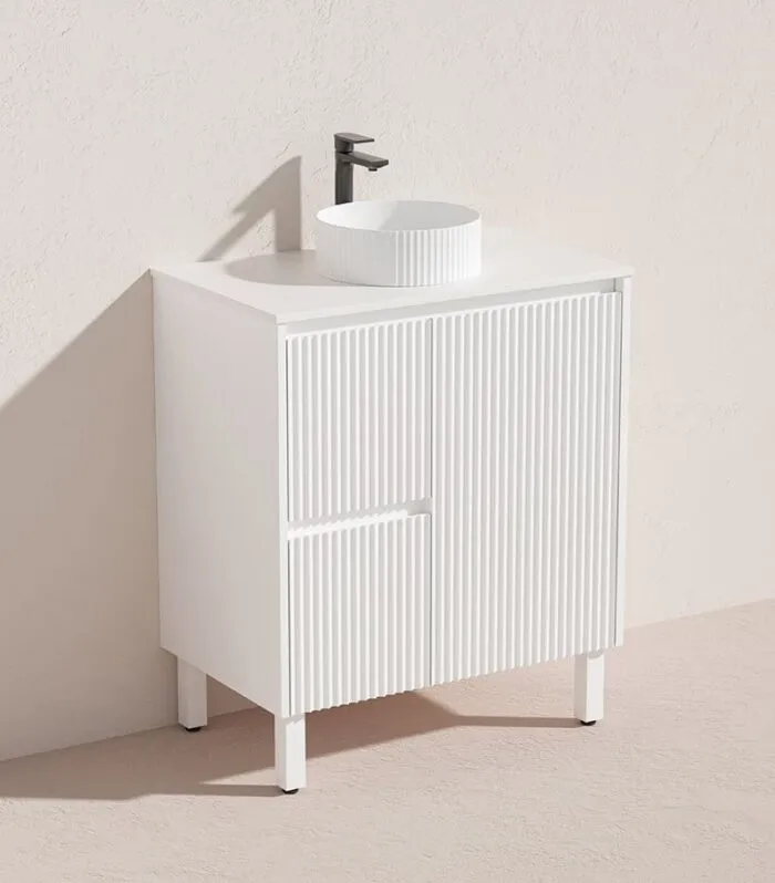 Brighton 750mm Freestanding Vanity - Matt White LH Drawers Quarz Stone Top LH Drawers