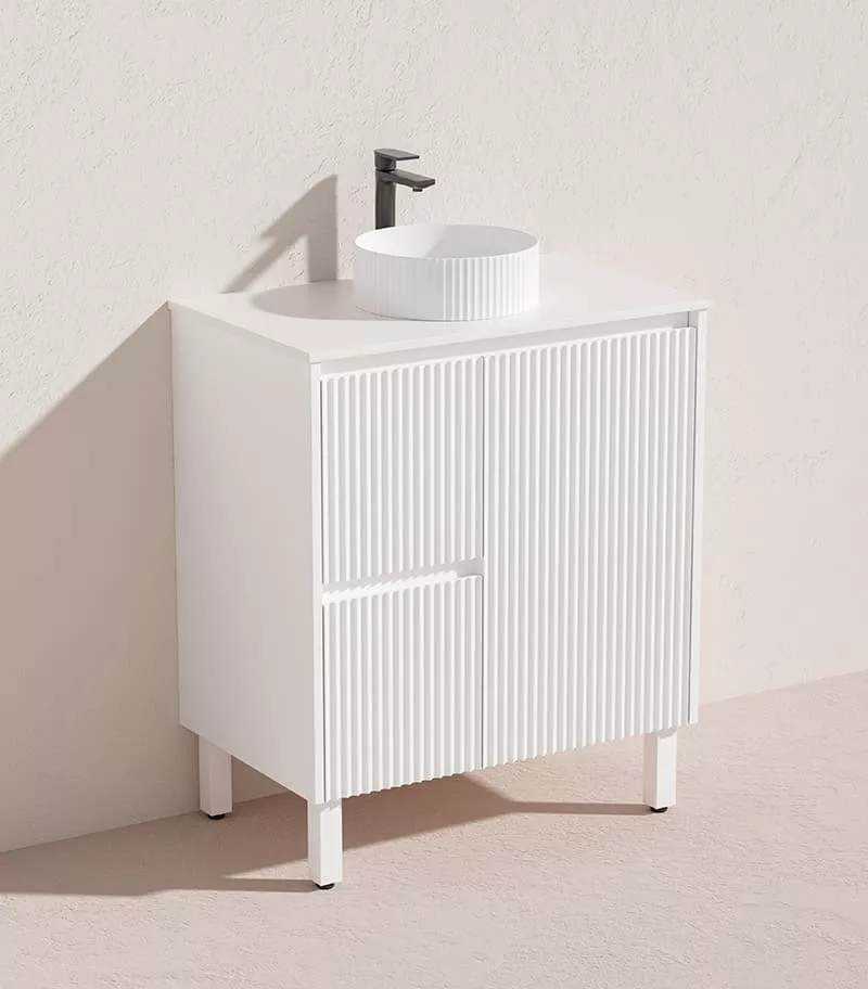Brighton 750mm Freestanding Vanity - Matt White LH Drawers Quarz Stone Top LH Drawers