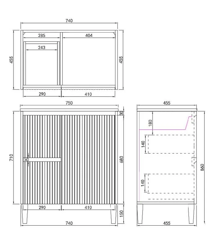 Brighton 750mm Freestanding Vanity - Matt White LH Drawers Specification