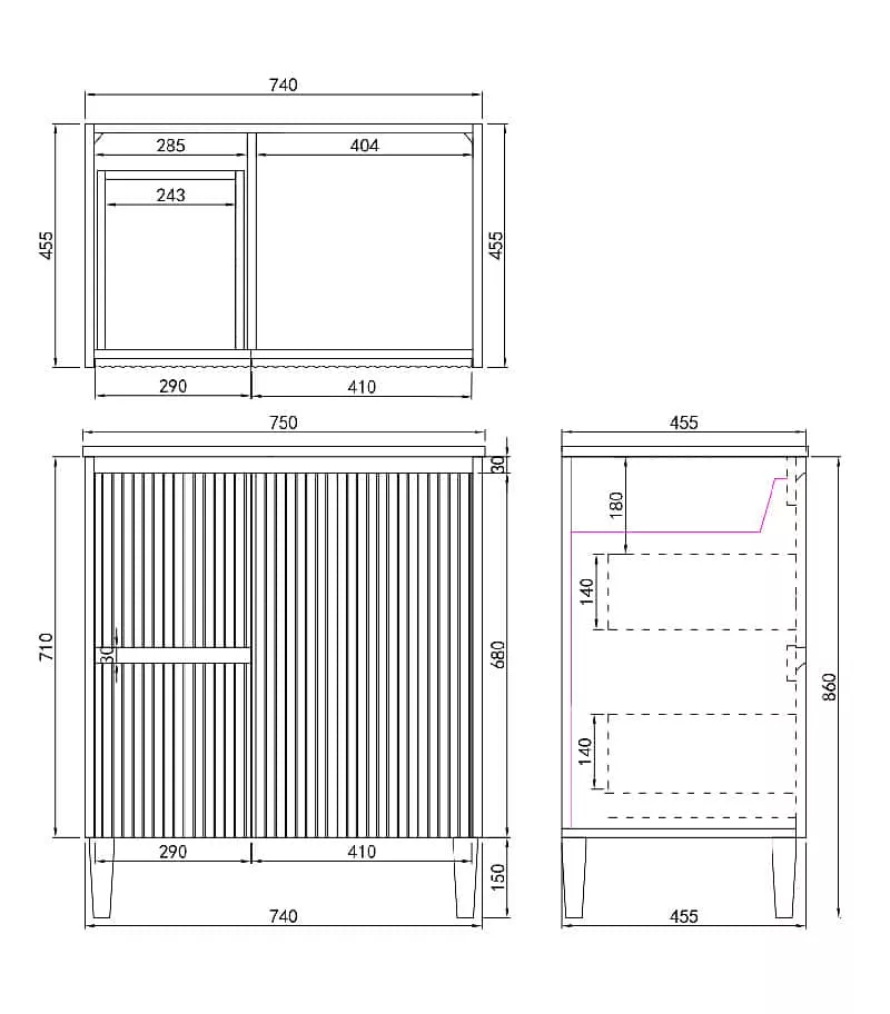 Brighton 750mm Freestanding Vanity - Matt White LH Drawers Specification