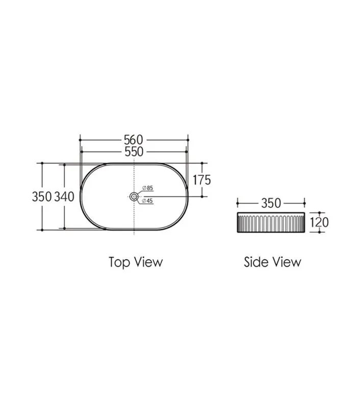 Kensington 560mm Fluted Oval Above Counter Ceramic Basin Specification
