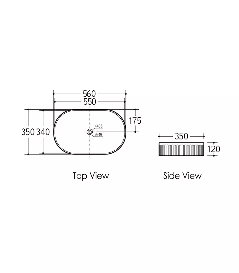 Kensington 560mm Fluted Oval Above Counter Ceramic Basin Specification