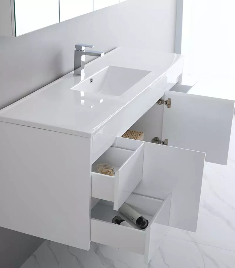 Bexley 1500mm Single Bowl Wall Hung Vanity - Gloss White Sideview