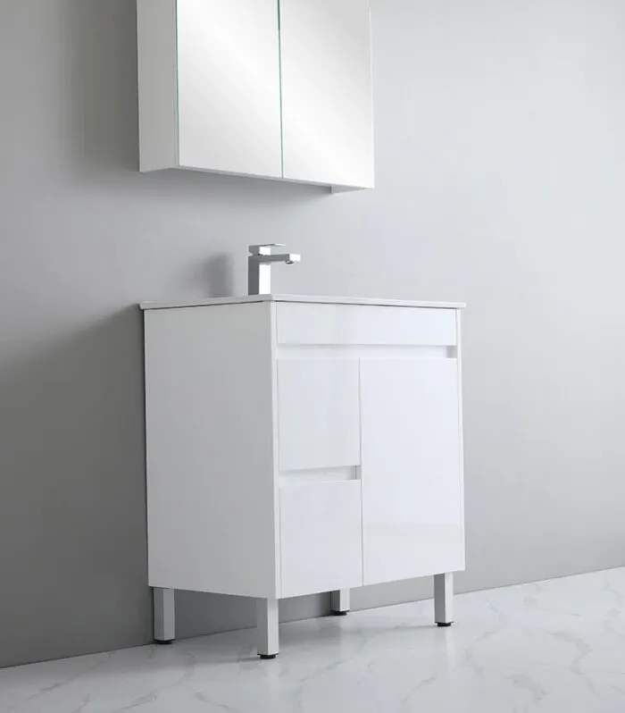 Bexley 750mm Freestanding Vanity On Legs - Gloss White LH Drawers Sideview