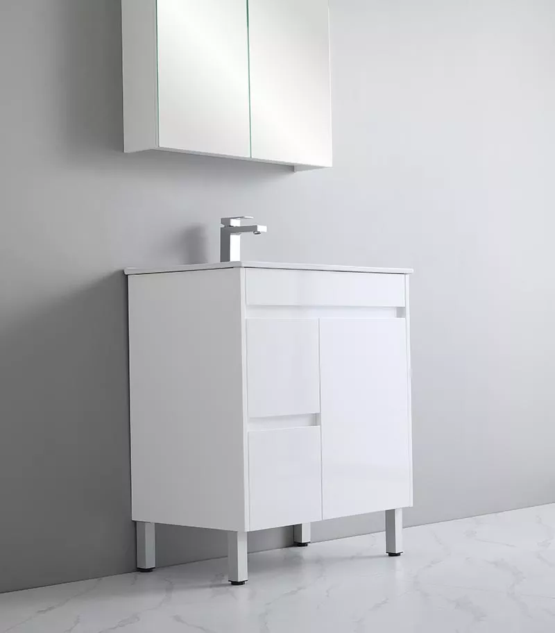 Bexley 750mm Freestanding Vanity On Legs - Gloss White LH Drawers Sideview