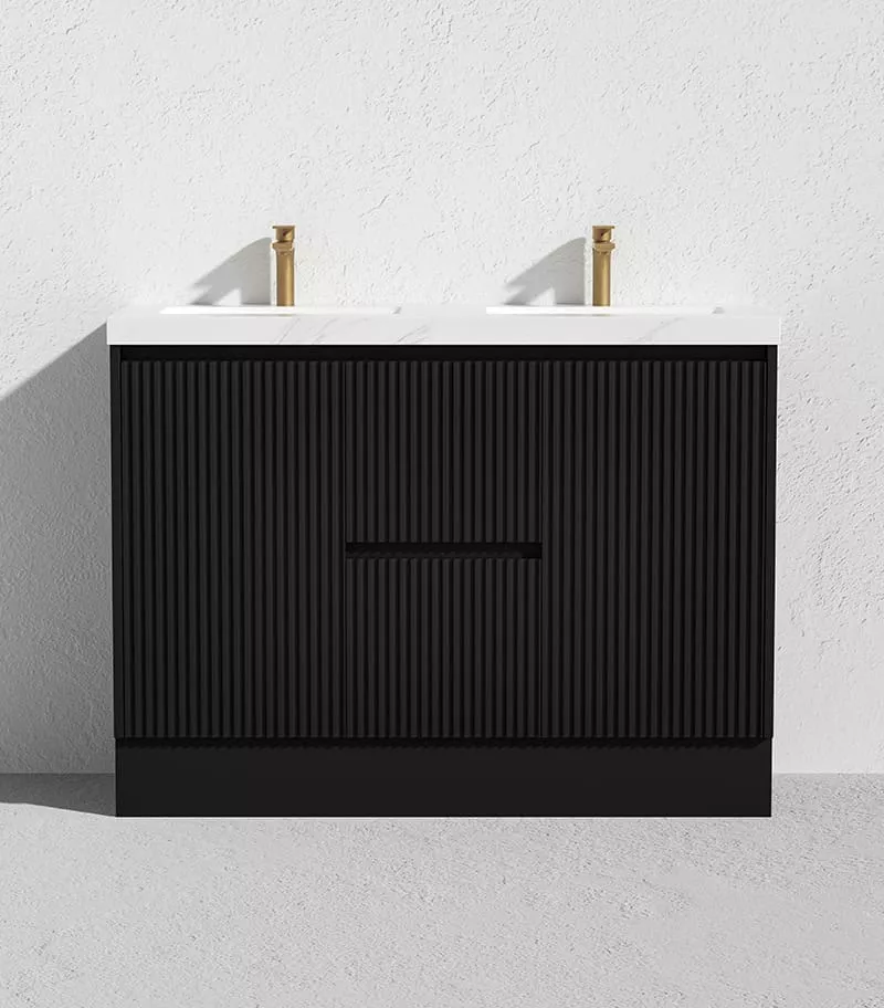 Brighton 1200mm Double Bowls Freestanding Vanity - Matt Black With Sintered Stone Top On Kickboard