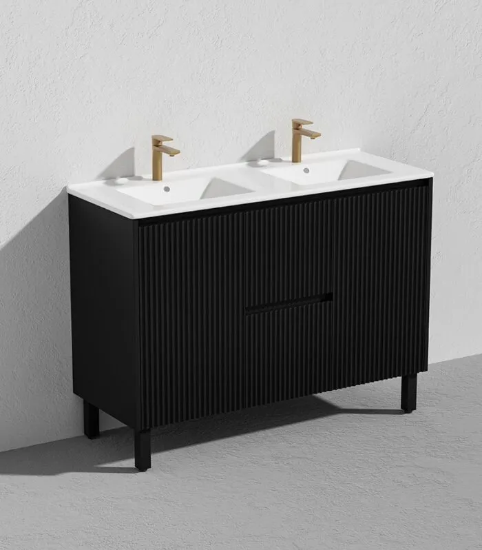 Brighton 1200mm Double Bowls Freestanding Vanity - Matt Black With Ceramic Top On Legs Sideview