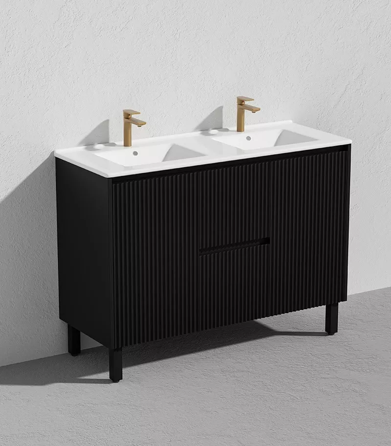 Brighton 1200mm Double Bowls Freestanding Vanity - Matt Black With Ceramic Top On Legs Sideview