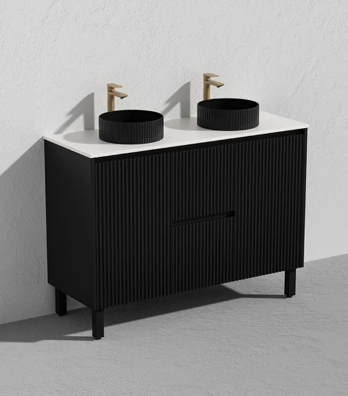 Brighton 1200mm Double Bowls Freestanding Vanity - Matt Black With Quartz Stone Top On Legs