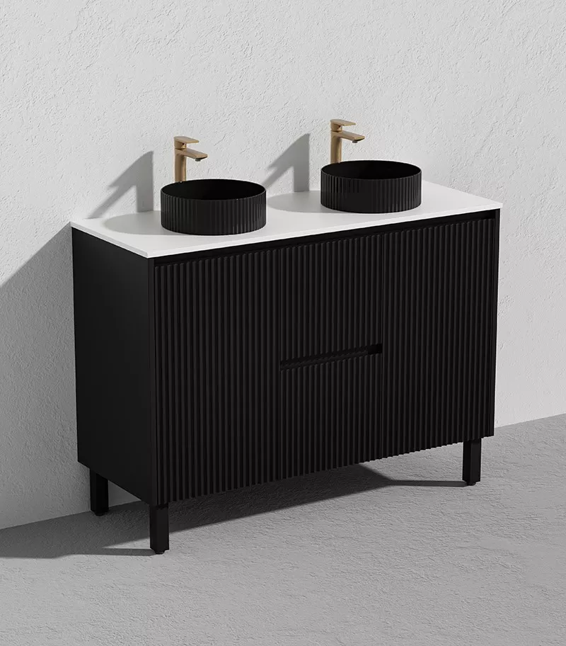 Brighton 1200mm Double Bowls Freestanding Vanity - Matt Black With Quartz Stone Top On Legs