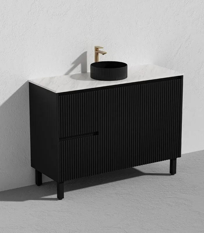 Brighton 1200mm Freestanding Vanity - Matt Black Marble Stone Top LH Drawers