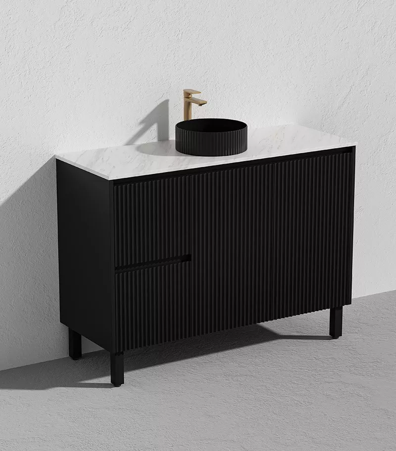 Brighton 1200mm Freestanding Vanity - Matt Black Marble Stone Top LH Drawers