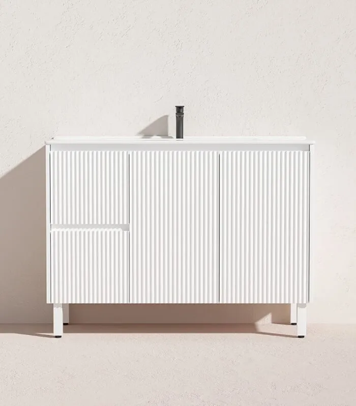 Brighton 1200mm Single Bowl Freestanding Vanity - Matt White Ceramic Top LH Drawers