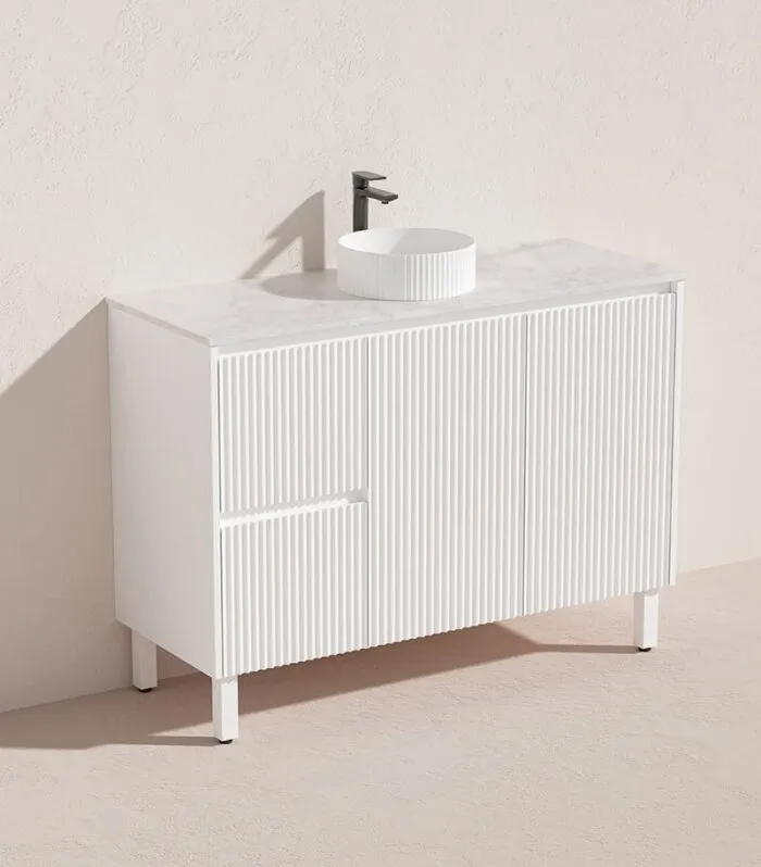 Brighton 1200mm Single Bowl Freestanding Vanity - Matt White Quartz Top LH Drawers