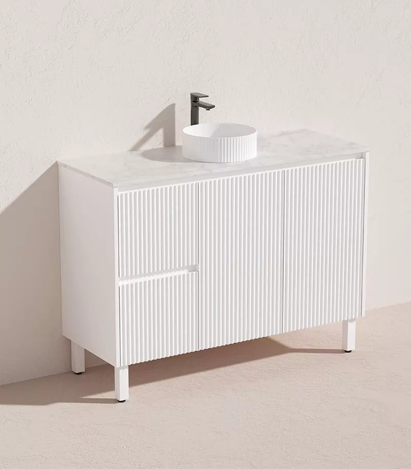 Brighton 1200mm Single Bowl Freestanding Vanity - Matt White Quartz Top LH Drawers