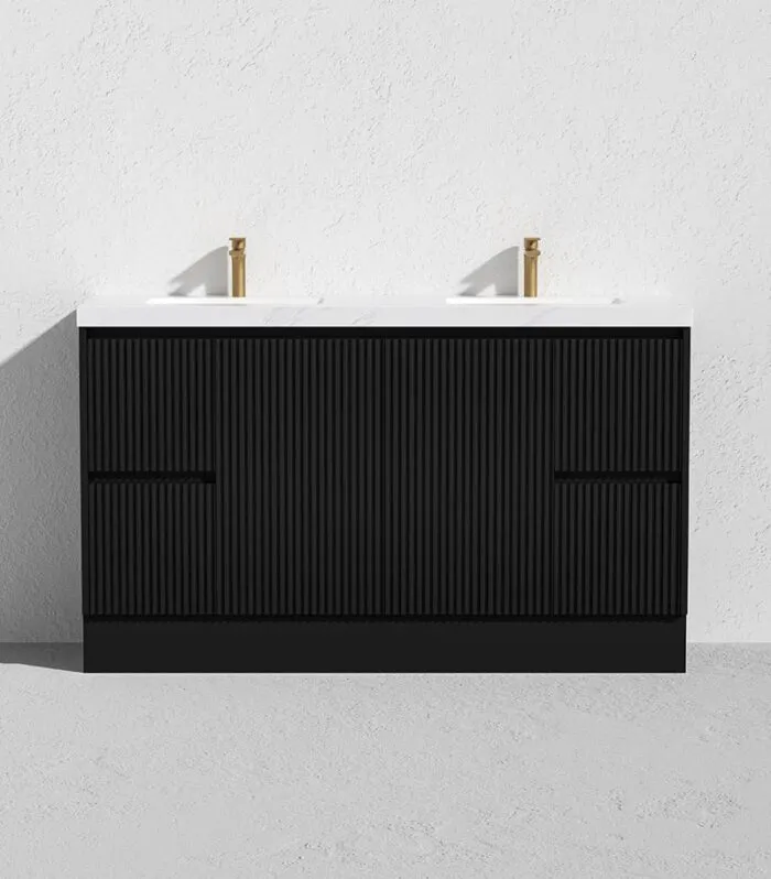 Brighton 1500mm Double Bowls Freestanding Vanity - Matt Black Sintered Stone Top with Kickboard