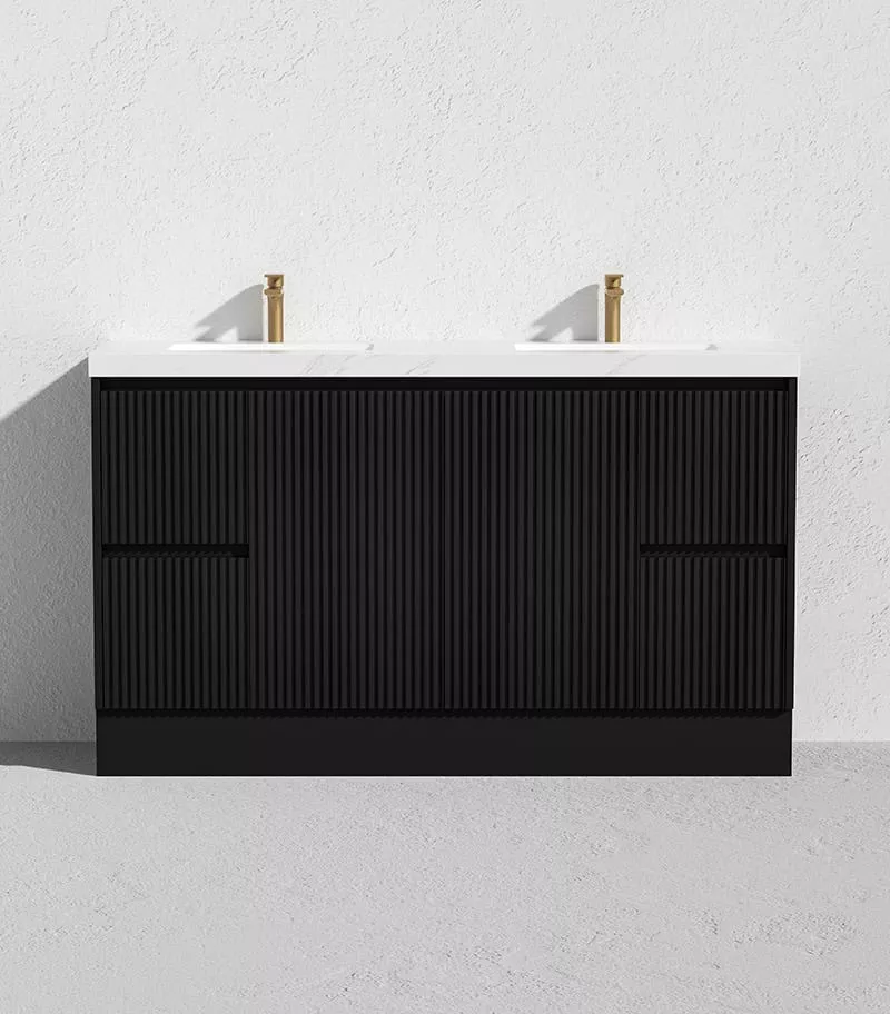 Brighton 1500mm Double Bowls Freestanding Vanity - Matt Black Sintered Stone Top with Kickboard
