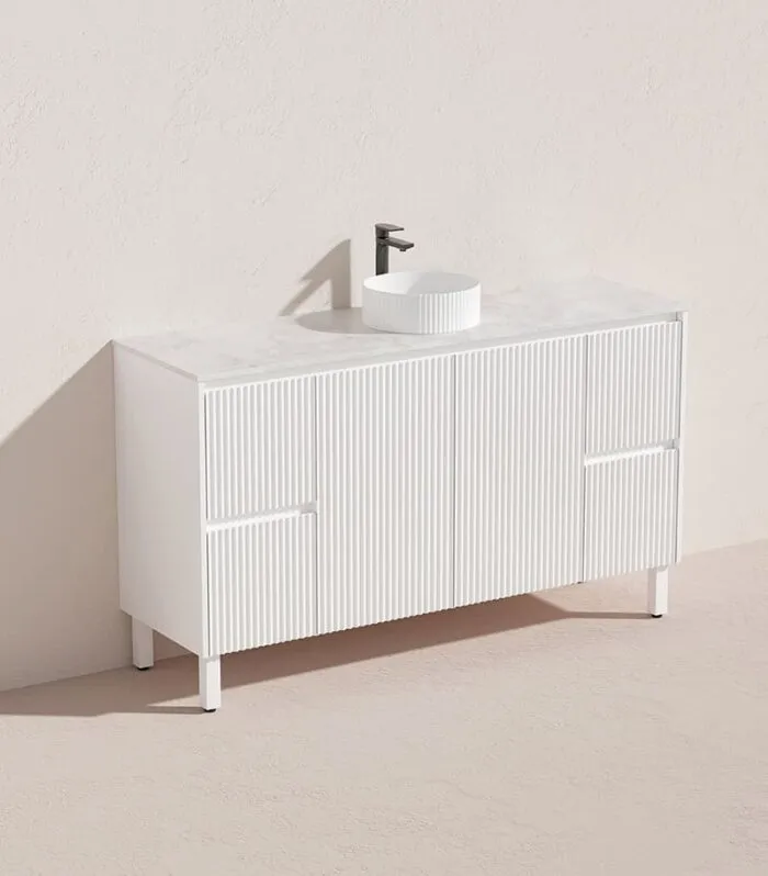 Brighton 1500mm Single Bowl Freestanding Vanity - Matt White Marble Stone Top