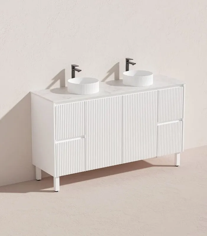 Brighton 1500mm Double Bowls Freestanding Vanity - Matt White Marble Stone Top