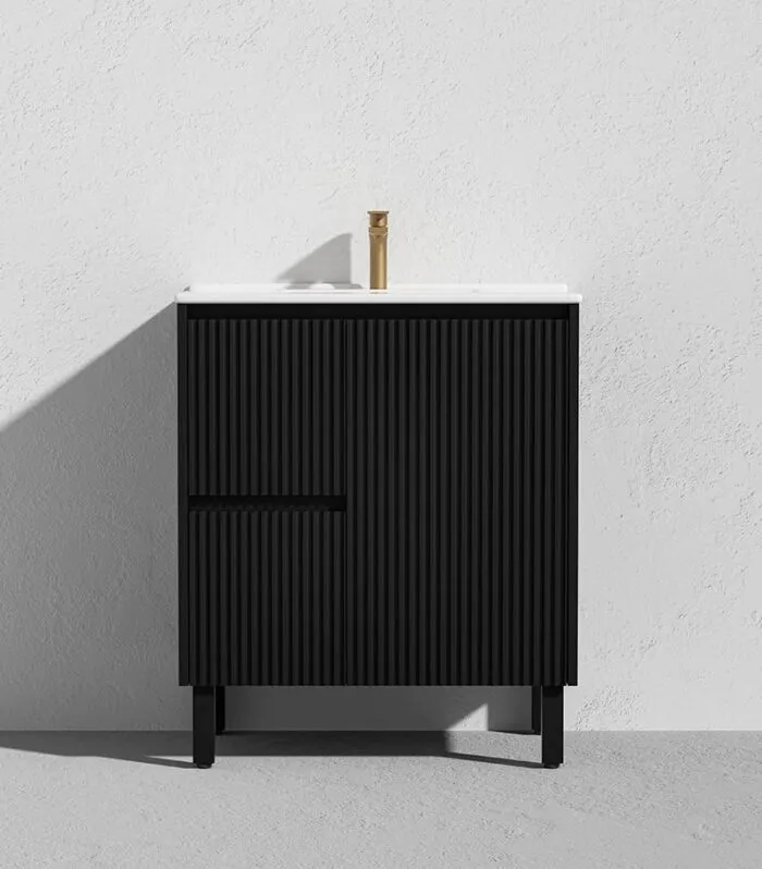 Brighton 750mm Freestanding Vanity - Matt Black Ceramic Top LH Drawers