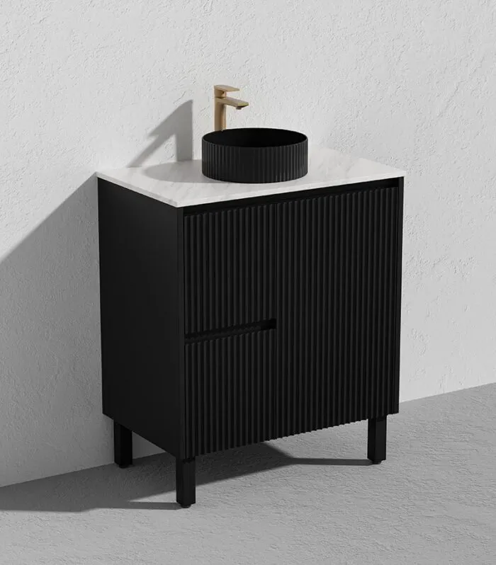 Brighton 750mm Freestanding Vanity - Matt Black Marble Stone Top LH Drawers