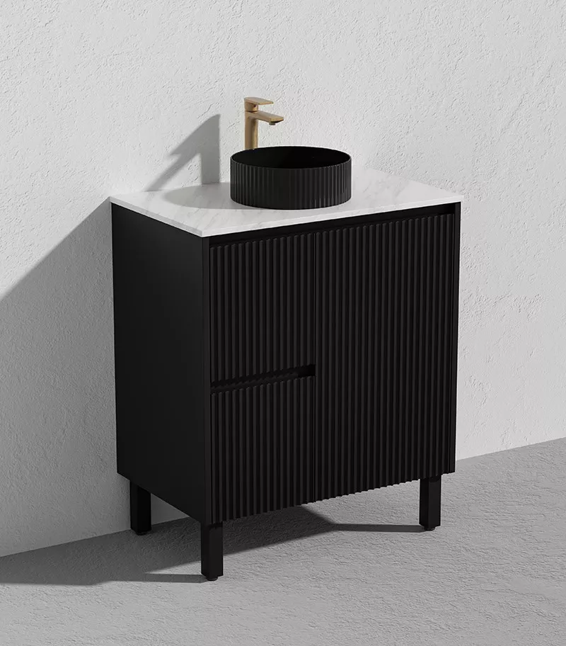 Brighton 750mm Freestanding Vanity - Matt Black Marble Stone Top LH Drawers