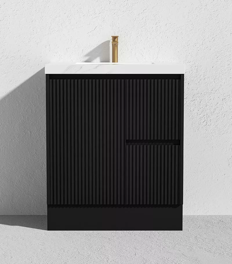 Brighton 750mm Freestanding Vanity - Matt Black Sintered Stone Top RH Drawers