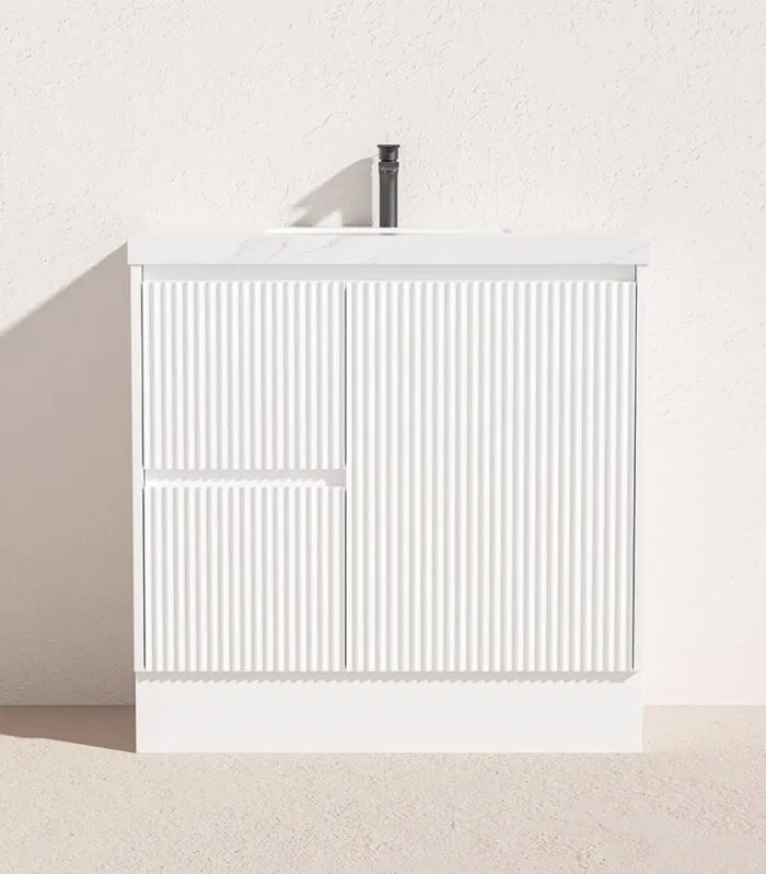 Brighton 900mm Freestanding Vanity - Matt White Sintered Stone Top LH Drawers On Kickboard