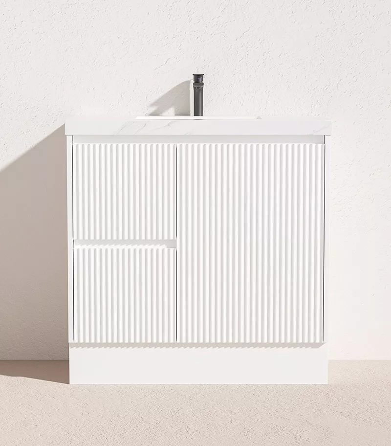 Brighton 900mm Freestanding Vanity - Matt White Sintered Stone Top LH Drawers On Kickboard