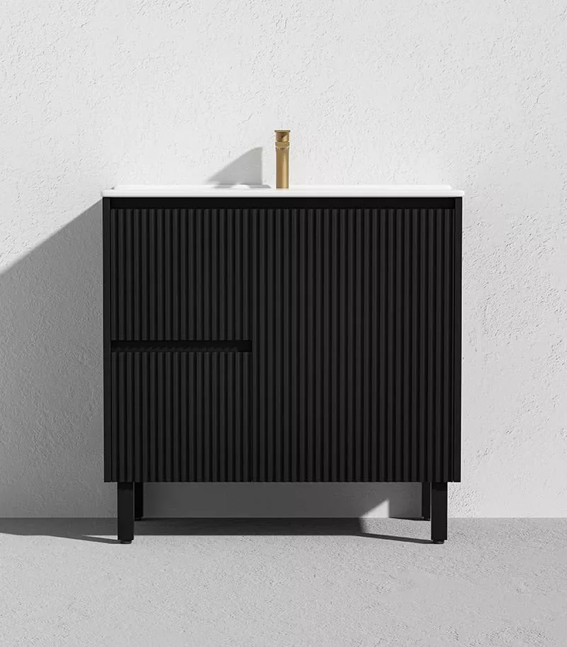 Brighton 900mm Freestanding Vanity - Matt Black Ceramic Top LH Drawers