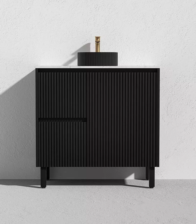Brighton 900mm Freestanding Vanity - Matt Black Quartz Stone Top LH Drawers
