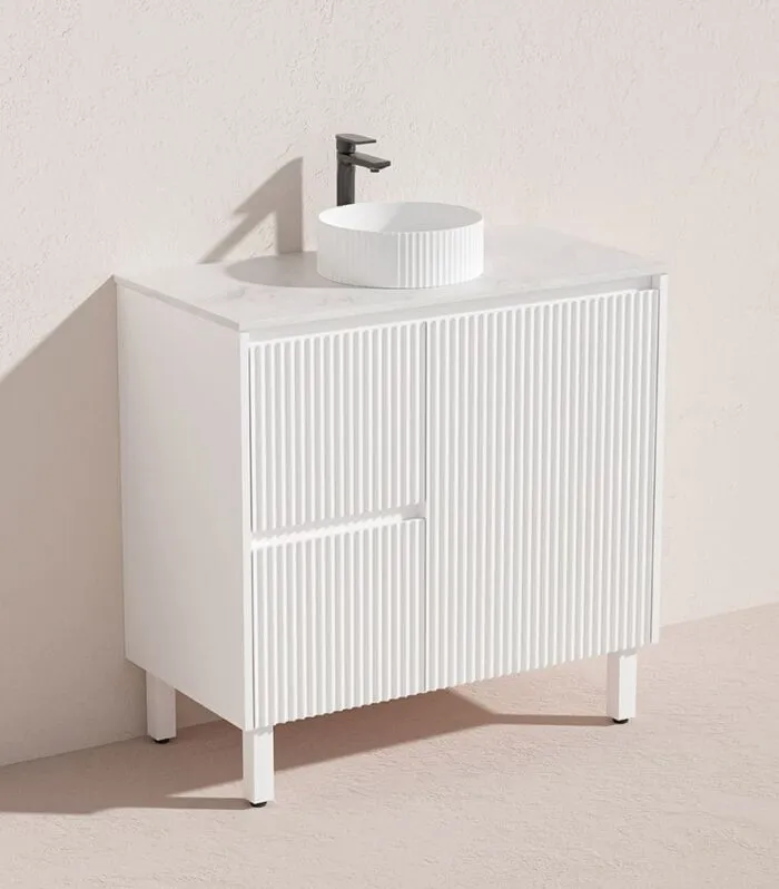 Brighton 900mm Freestanding Vanity - Matt White Marble Stone Top LH Drawers On Legs