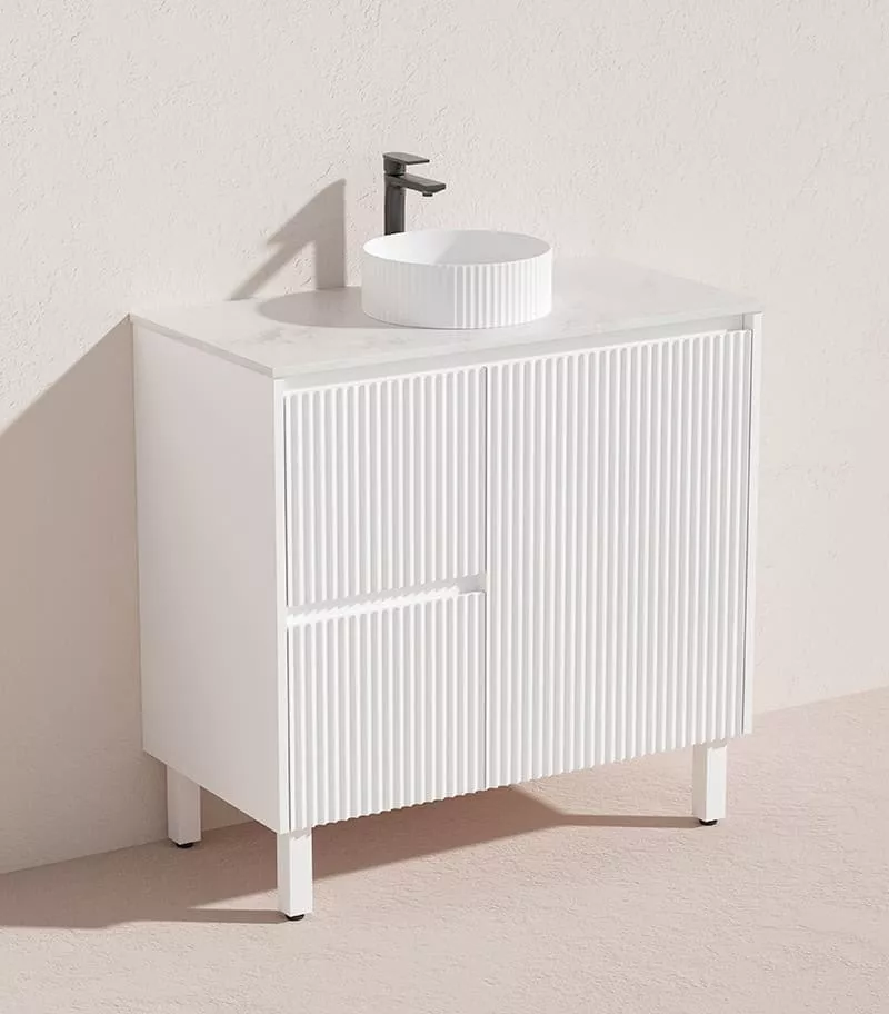 Brighton 900mm Freestanding Vanity - Matt White Marble Stone Top LH Drawers On Legs