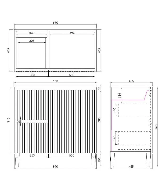 Brighton 900mm Freestanding Vanity Specification LH Drawers