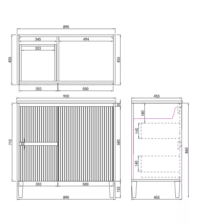 Brighton 900mm Freestanding Vanity Specification LH Drawers