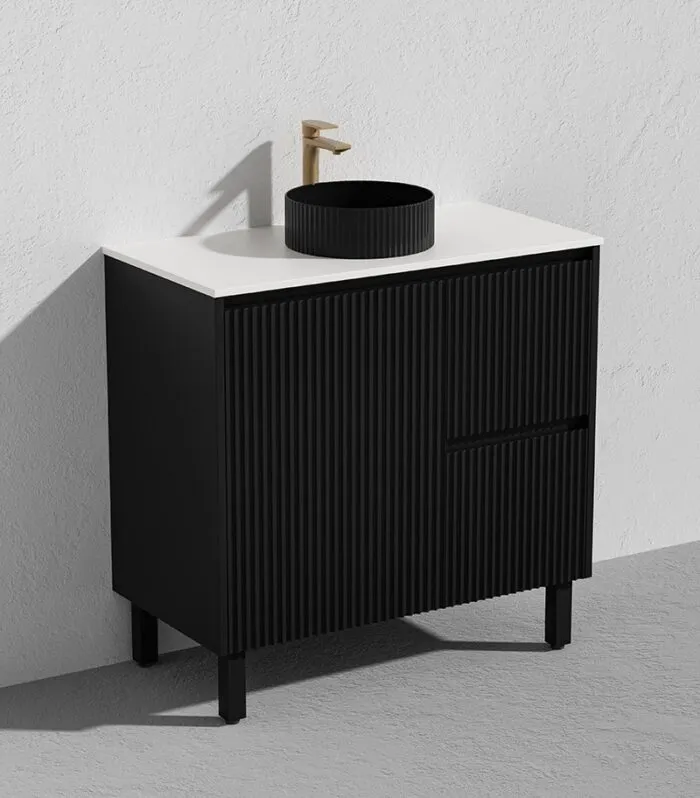 Brighton 900mm Freestanding Vanity - Matt Black Marble Stone Top RH Drawers
