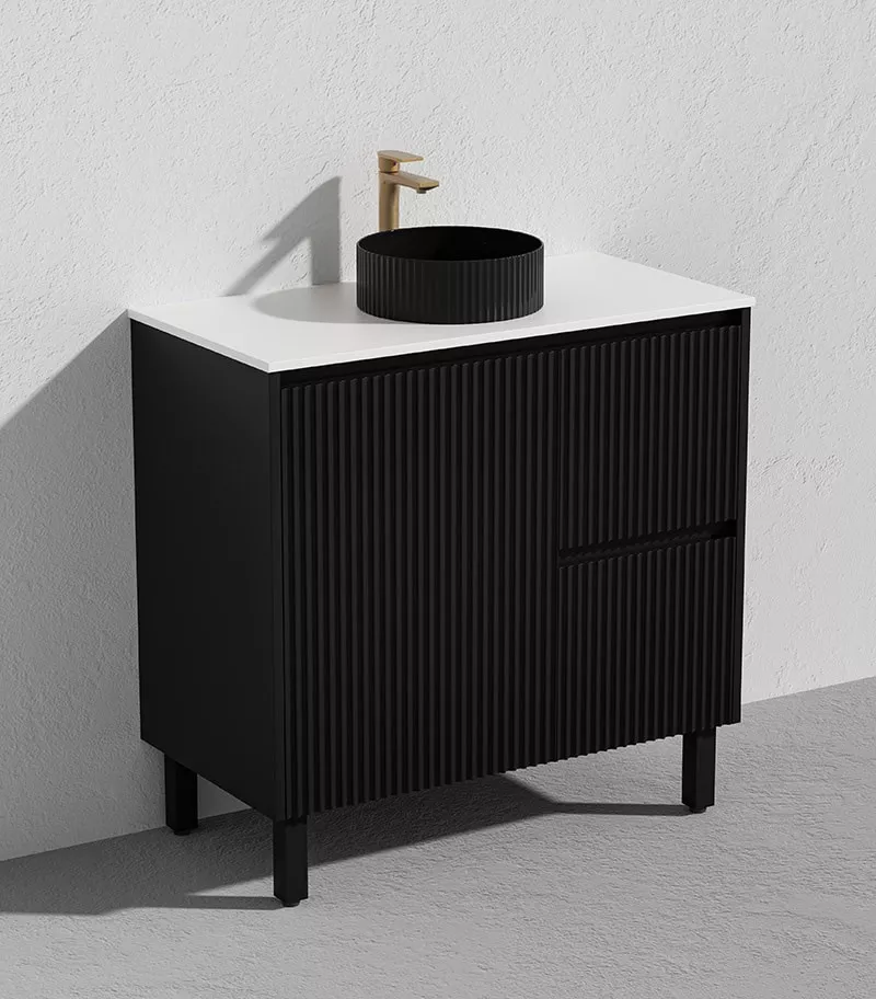 Brighton 900mm Freestanding Vanity - Matt Black Marble Stone Top RH Drawers