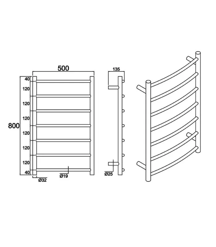Round & Curved Heated Towel Rack 7 Bars - MB/BG Specification