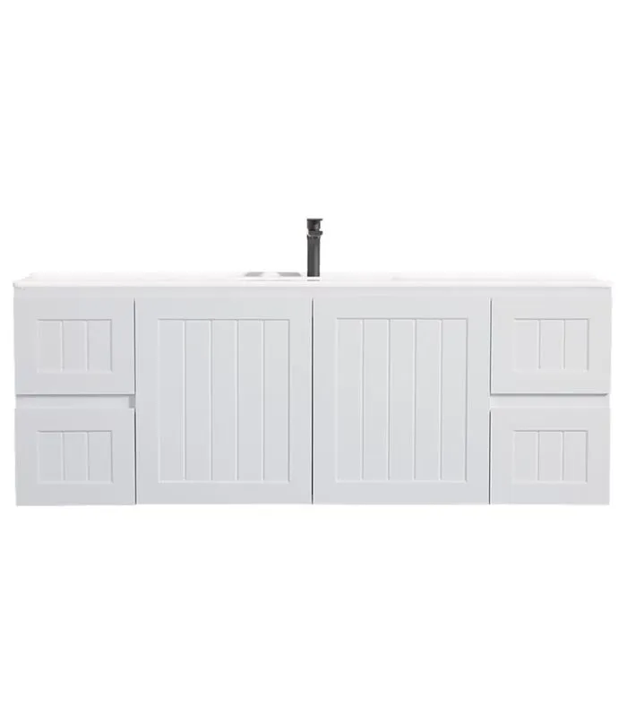 Acacia Shaker Matt White 1500mm Single Bowl PVC Wall Hung Vanity With Ceramic Top