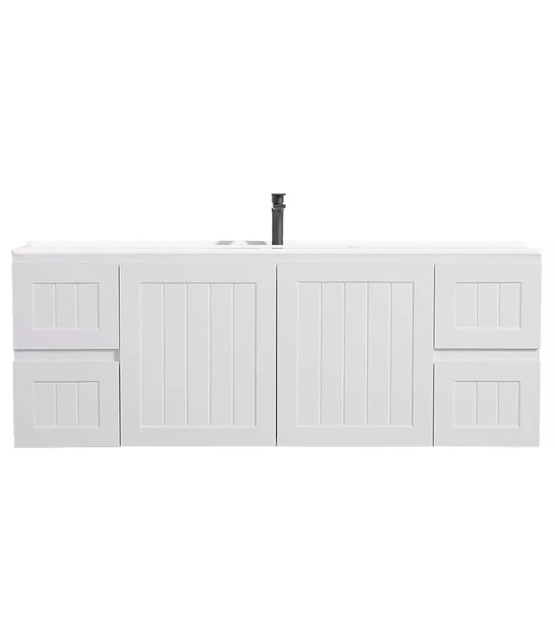 Acacia Shaker Matt White 1500mm Single Bowl PVC Wall Hung Vanity With Ceramic Top