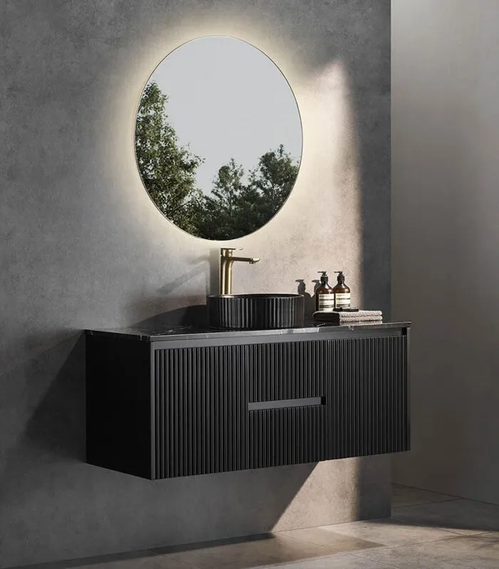 Brighton 1200mm Single Bowl Wall Hung Vanity Middle Drawer- Matt Black With Marble Stone Top
